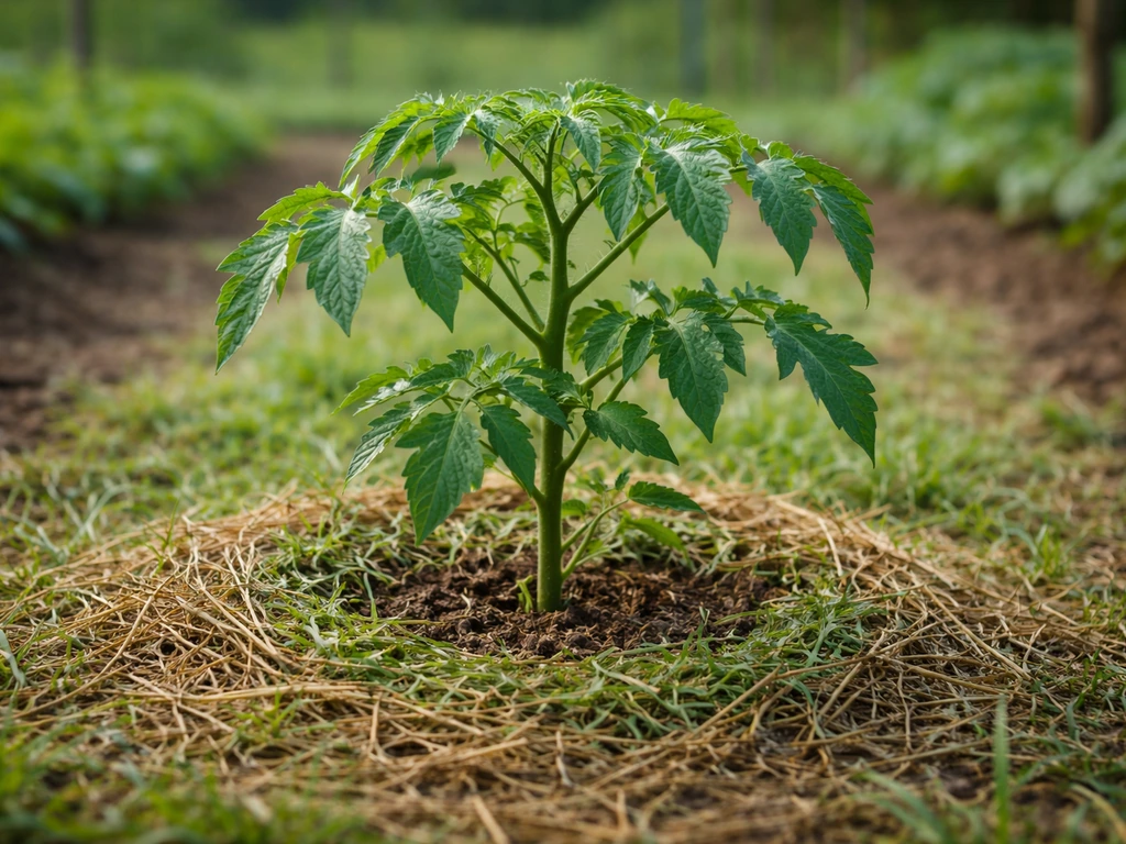 Pied de tomate dans un potager, sol couvert d’herbe au pied pour retenir l’humidité.