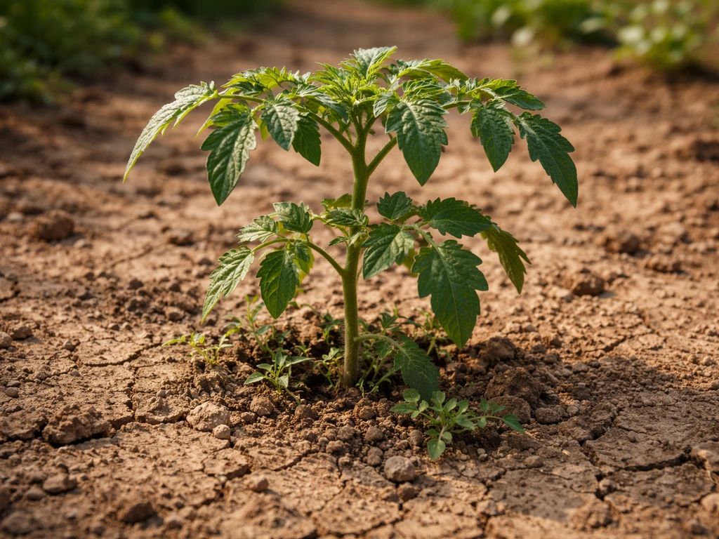 Pied de tomate sur sol nu fissuré et terre sèche, mauvaises herbes qui commencent à pousser.