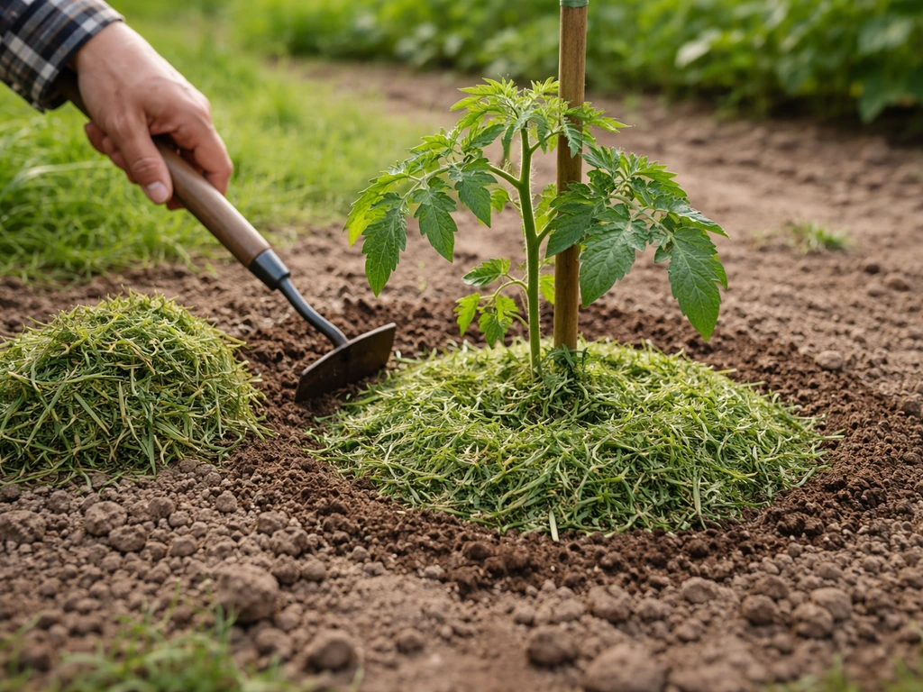 Pied de tomate biné puis paillis d’herbe posé en couche régulière, épaisseur visible.