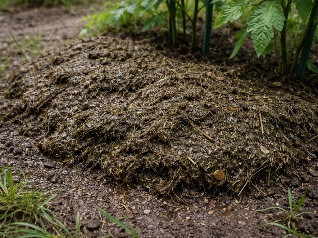 Paillis d’herbe humide et épais au pied des plantes, avec condensation, aspect lourd et foncé.
