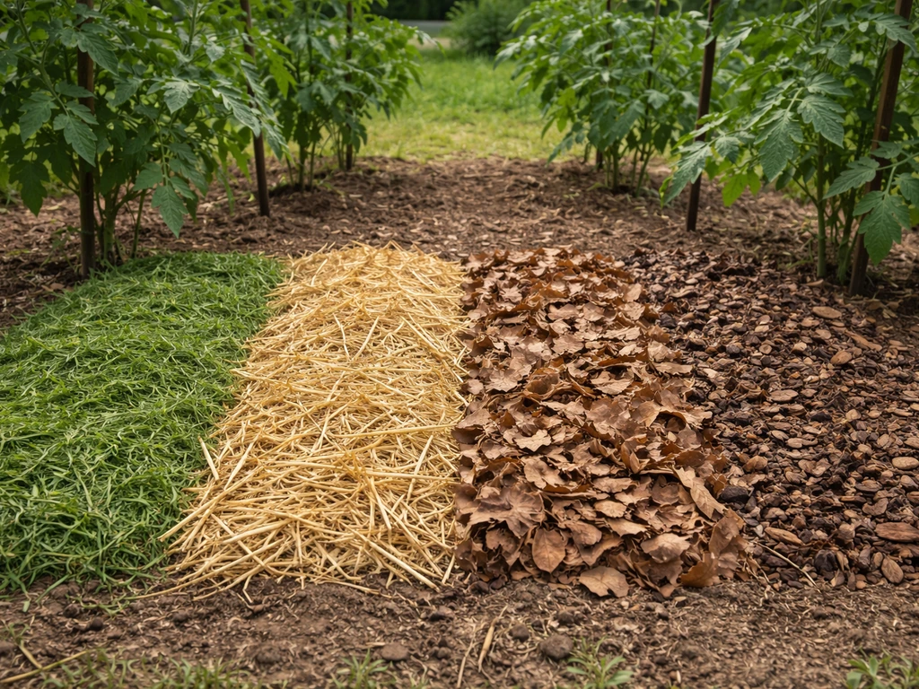 Comparatif de paillages au pied de tomates : herbe de tonte, paille, feuilles et BRF aux textures visibles.