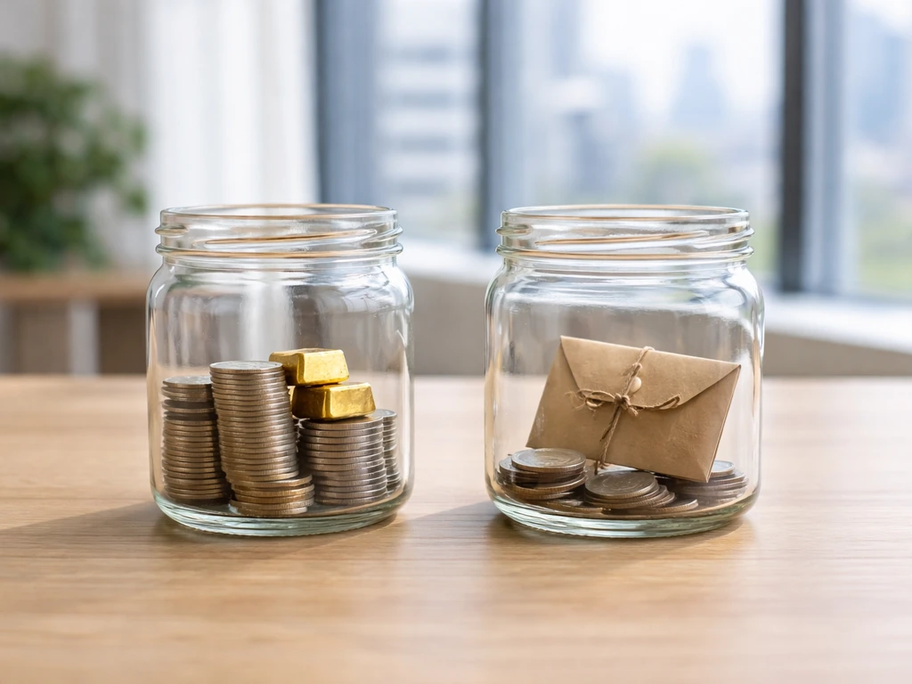 Minimal office desk with two glass jars symbolizing assets and liabilities with coins and payment items.