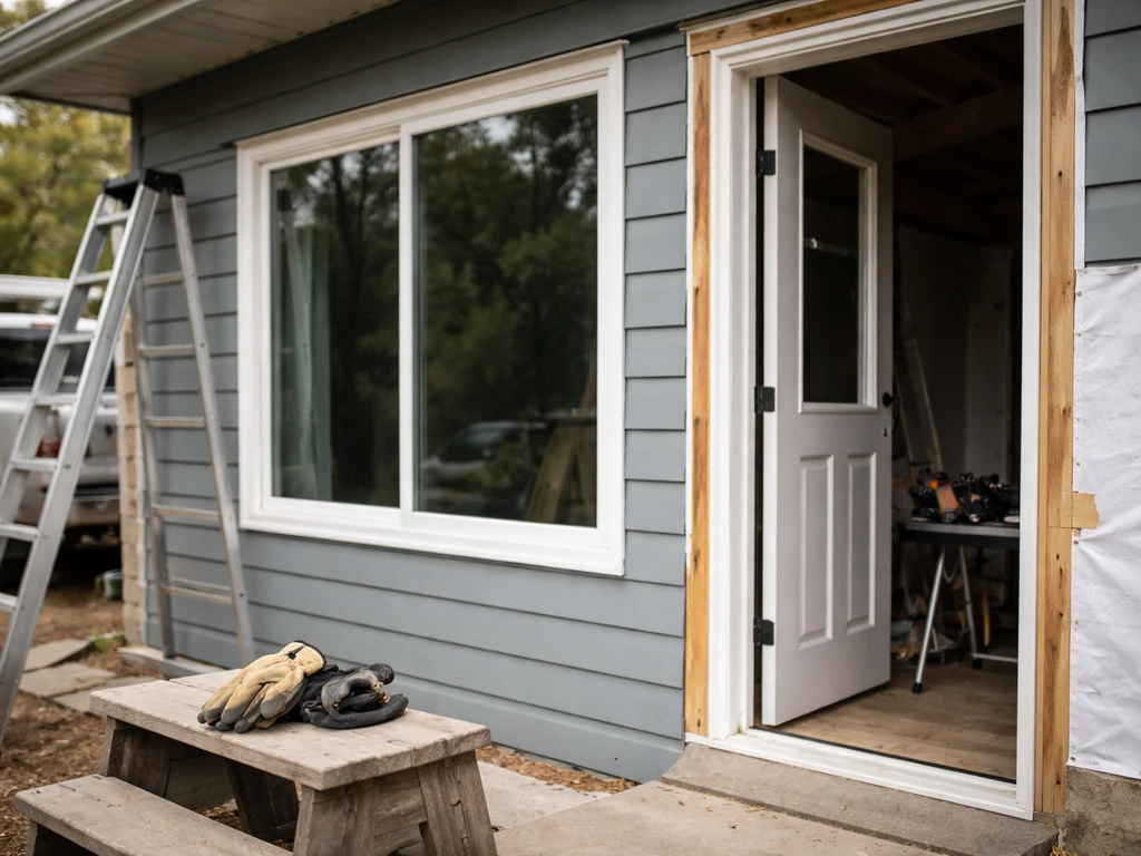 Window and door installation at a home jobsite, focused on the installed frames and tools, no people visible.