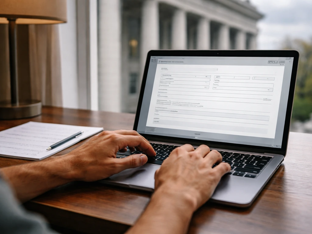 Hands using a laptop at a desk with a blurred New York courthouse background, suggesting property record verification