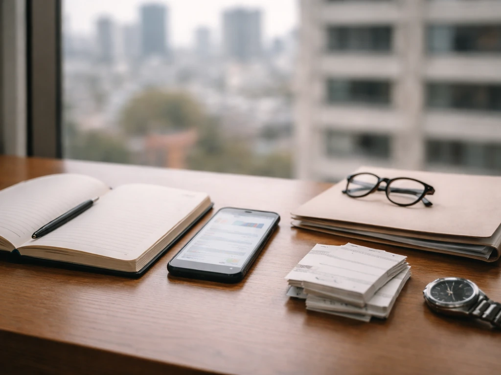 Minimal desk scene with phone and blank notebook implying self-verifying financial research.
