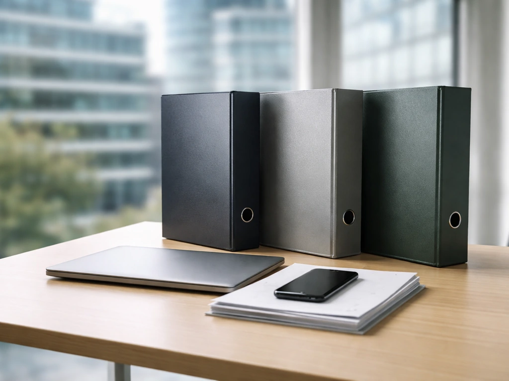 Minimal desk with three colored folders, hinting at comparing corporate finance metrics, with blurred office building be