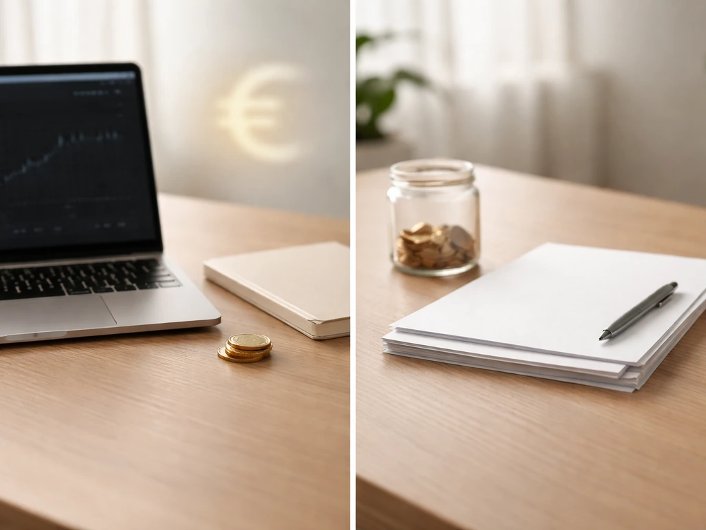 Minimal two-panel finance desk scene with laptop and documents suggesting market cap and balance-sheet highlights.