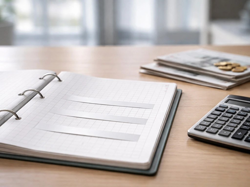 Minimal finance scene with a balance-sheet notebook and calculator showing balance-sheet style balance.