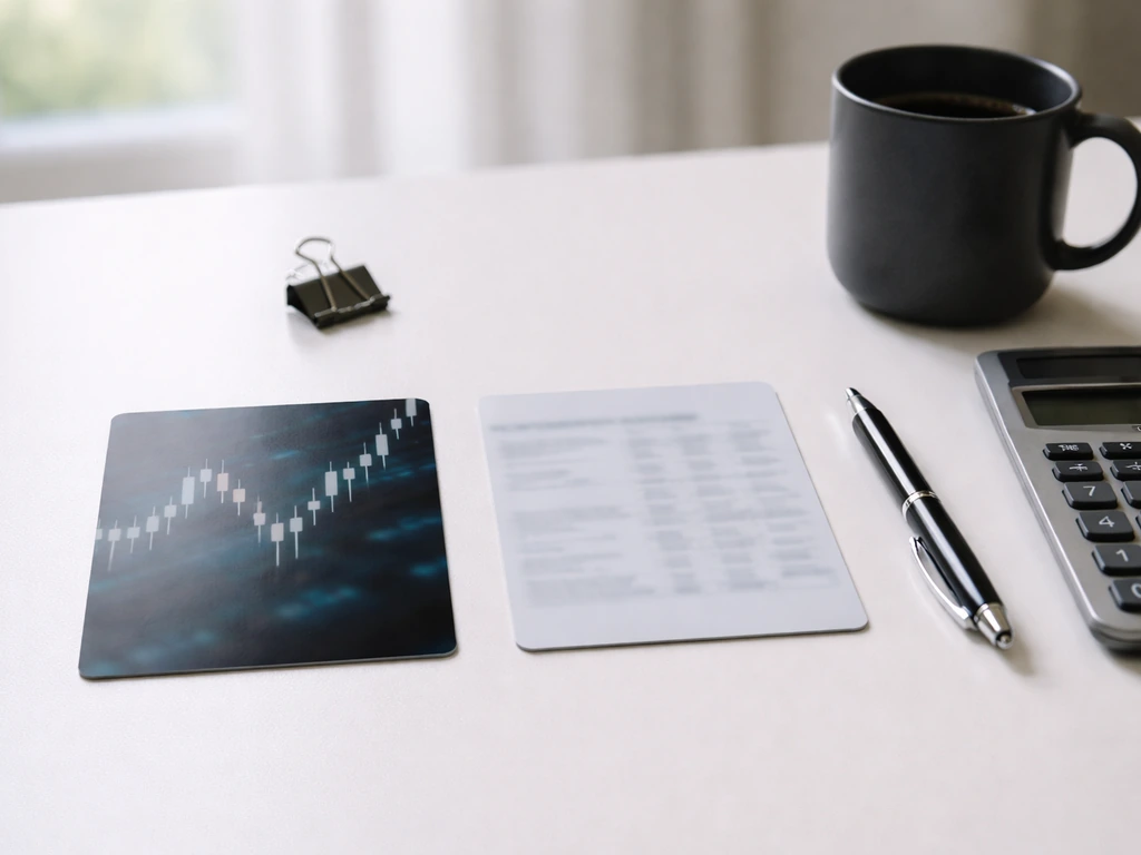 Minimal desk with calculator, pen, and finance papers suggesting P/E and EV/EBIT valuation analysis.