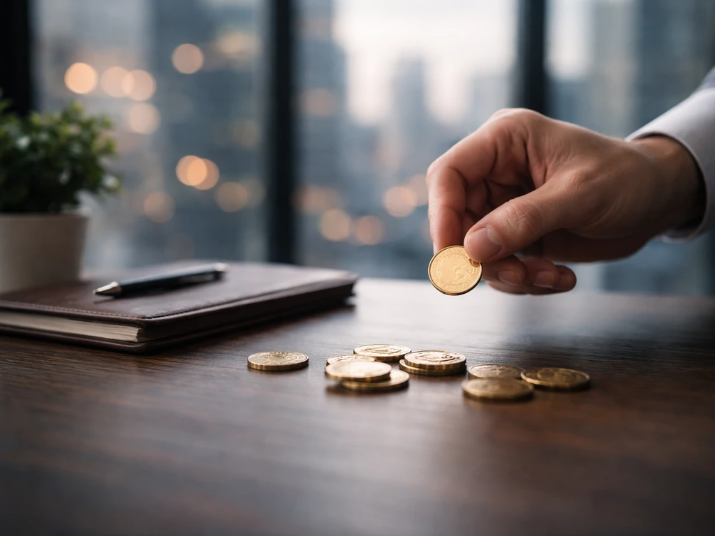 Minimal photo of a hand holding a coin above a dark finance desk with blurred city lights in the background.