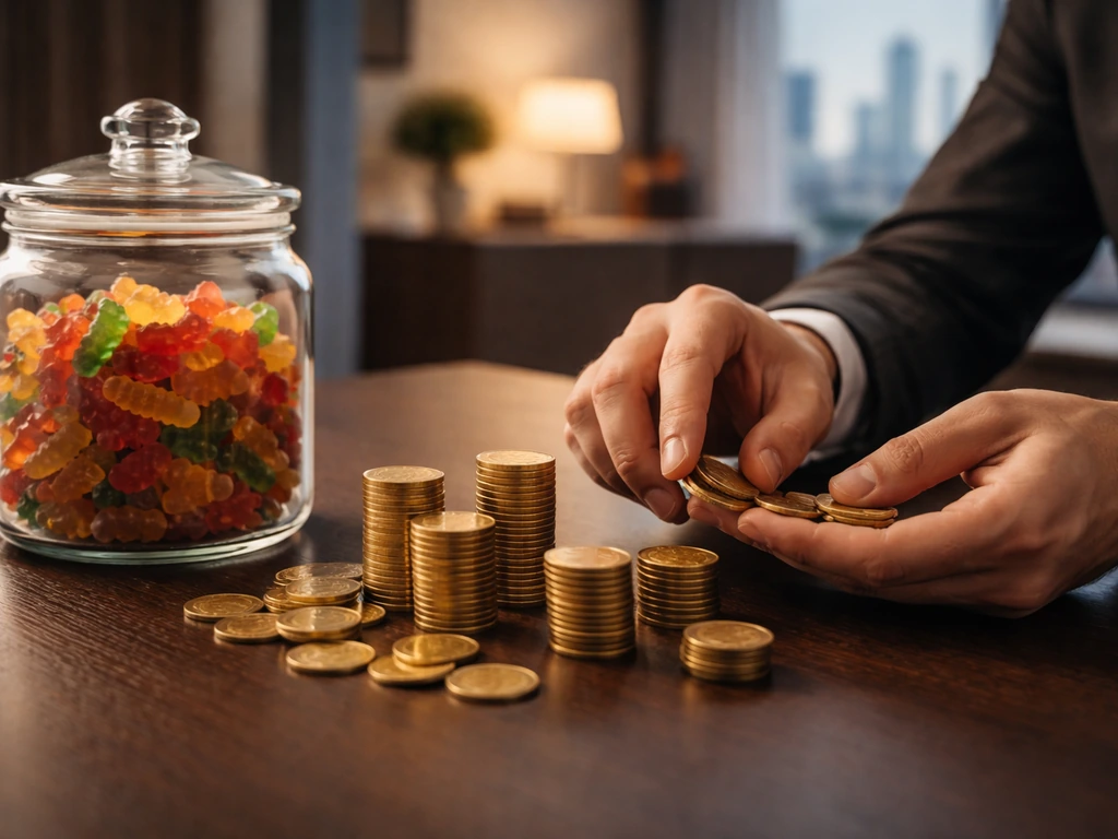 Haribo legacy-themed scene with hands handling gold coins and a simple luxury office backdrop