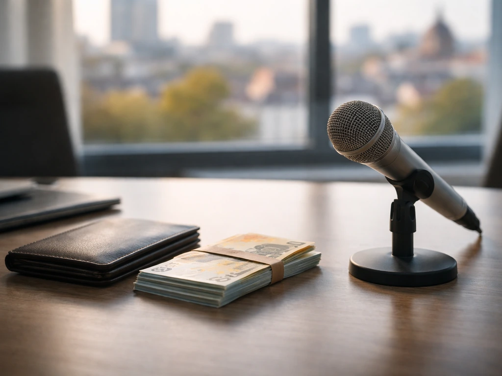 Minimal office desk scene with euro cash and a microphone, suggesting media coverage of a billion-dollar estimate.