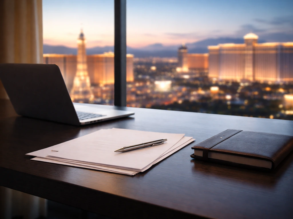 Minimal photo of a businessman-style desk with a laptop, documents, and a city skyline at dusk, symbolizing net worth