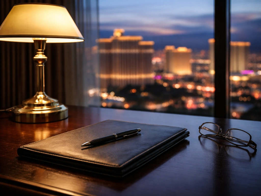Unbranded executive desk with portfolio, pen, and glasses near a window with soft Las Vegas lights at dusk.