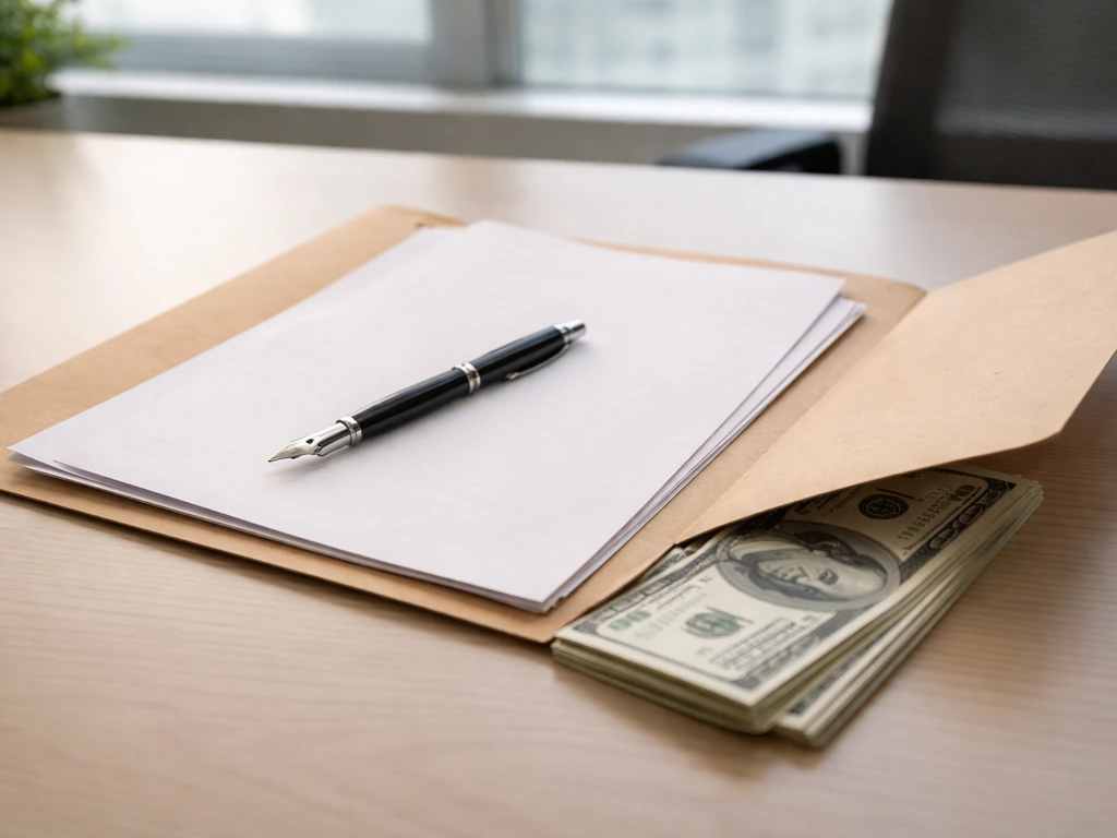 Minimal office desk with blank documents, a pen, and neatly stacked cash symbolizing compensation records.