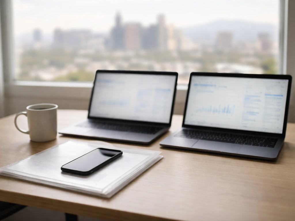 Minimal desk scene with two laptops and phone for stock/holdings verification concept.