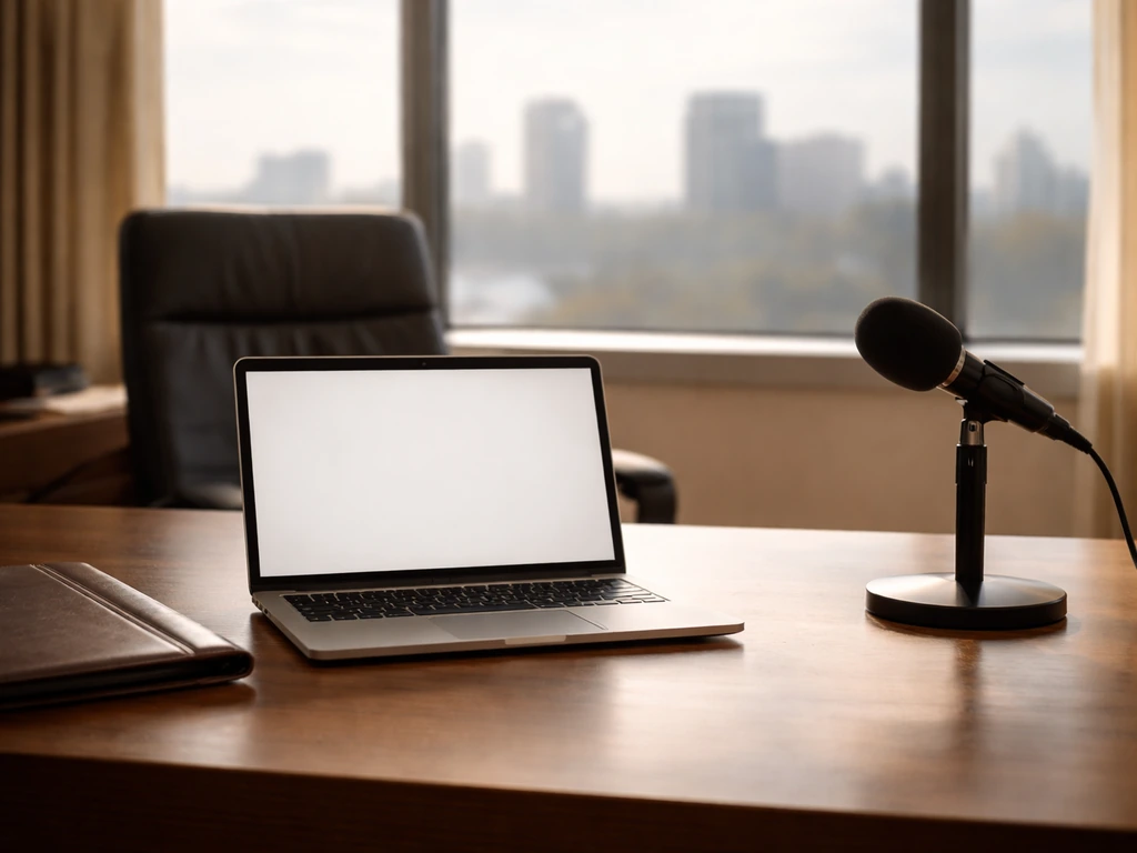 Executive-style business office scene with warm lighting, a laptop, and a muted city backdrop