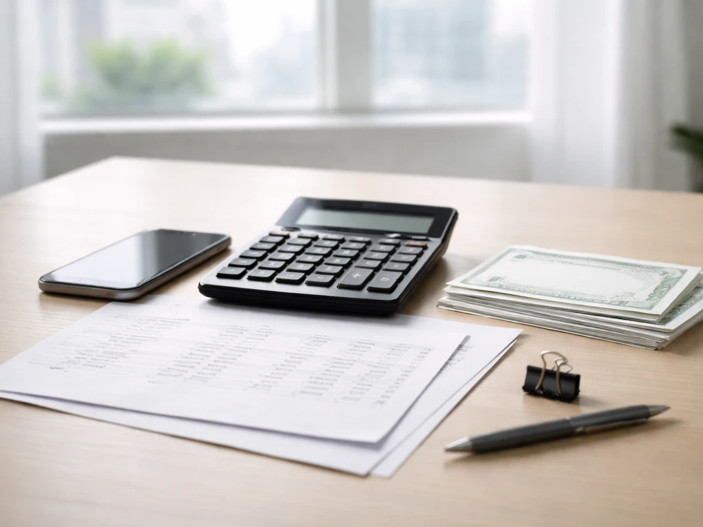 Minimal photo of a finance desk with stock papers and a calculator showing share-price style multiplication