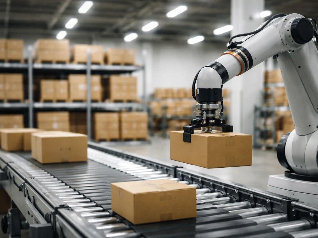 Warehouse automation robotics next to a wholesale distribution area with stacked cartons and metal racks.