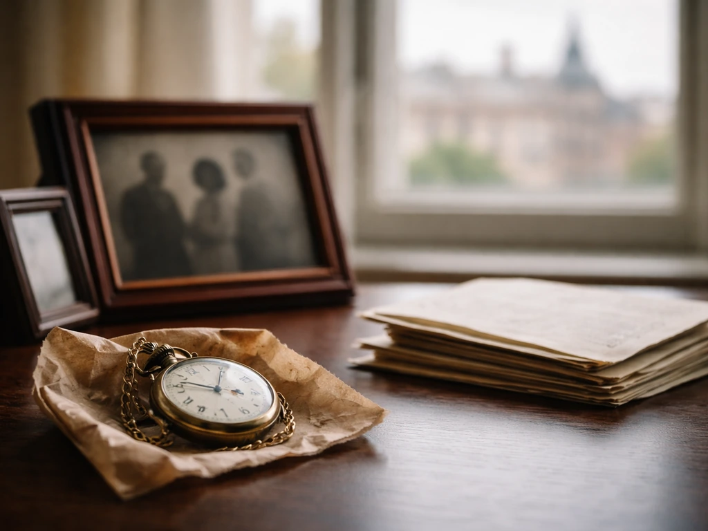 Anonymous office desk with vintage watch and family photo frame suggesting generational business legacy.