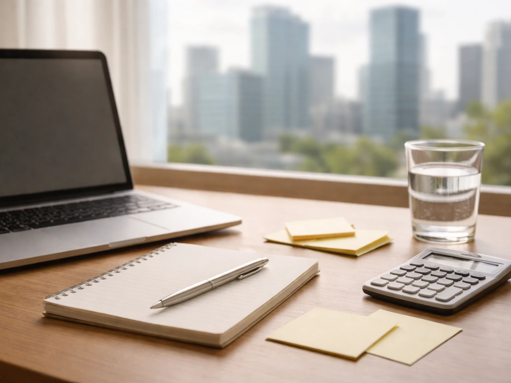 Minimal desk scene with laptop and calculator suggesting a step-by-step financial valuation estimation process.