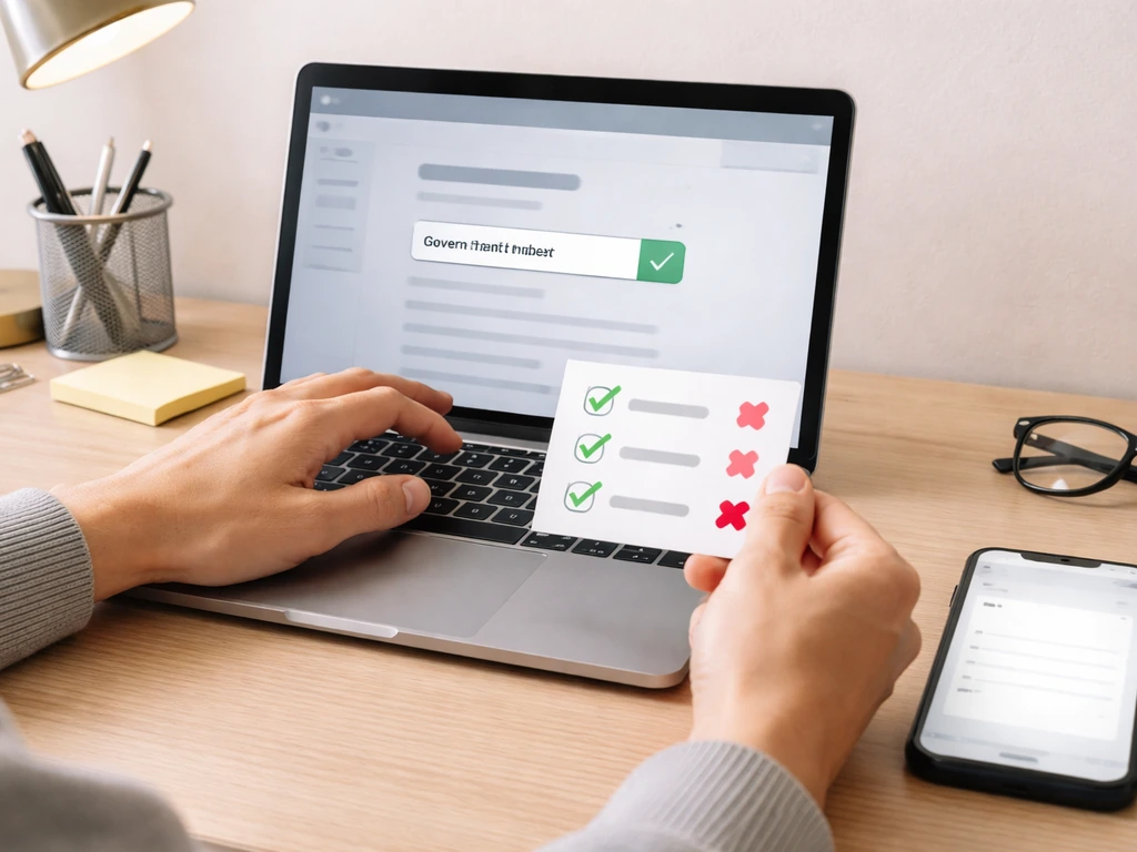 Hands verify a registration number using a laptop and a red/green checklist on a quiet desk.
