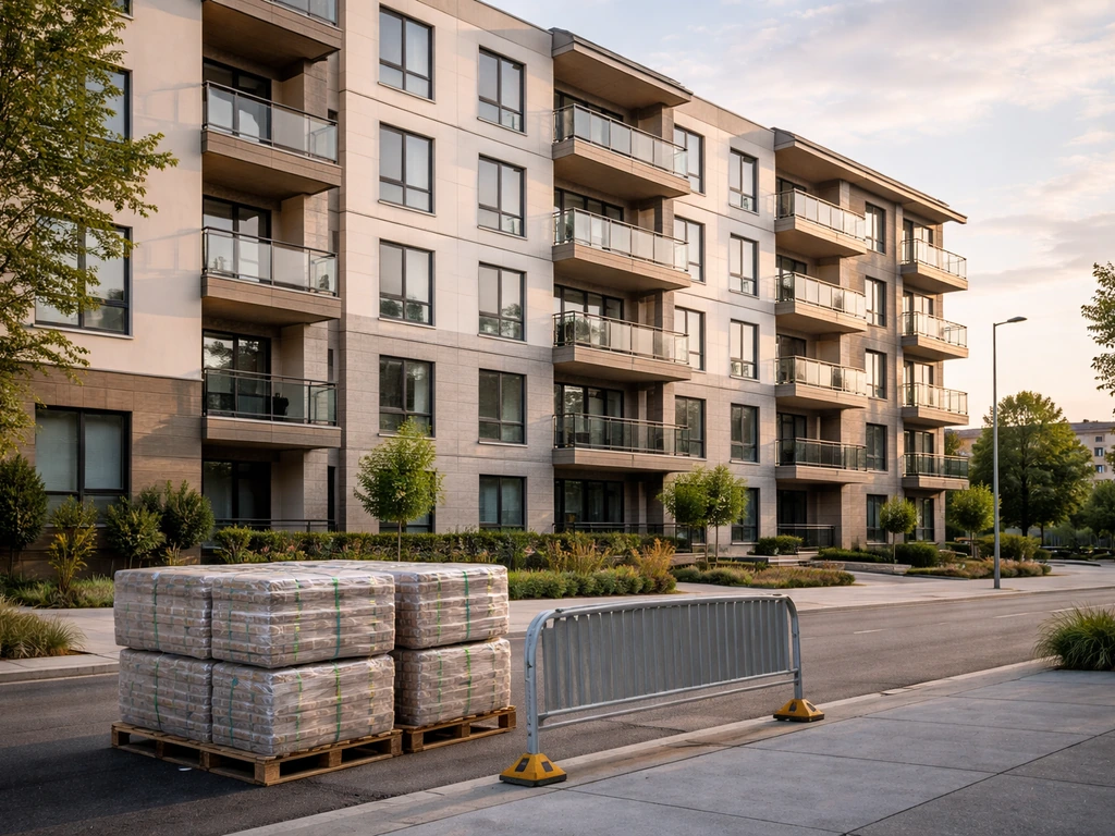 Minimal photo of a mid-rise apartment building and construction materials suggesting rental housing development