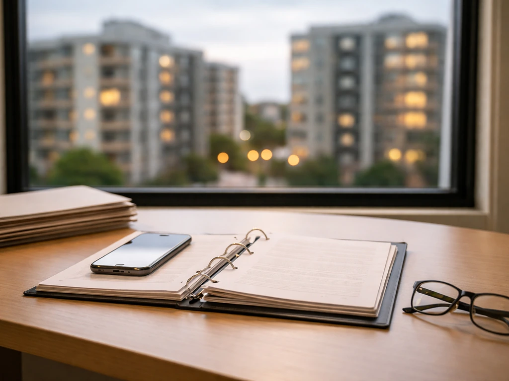 A quiet office desk with a business-ready binder and smartphone beside a city view at dusk