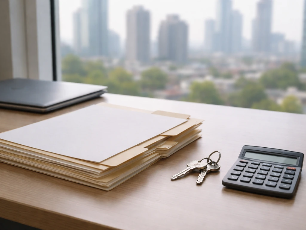 Minimal desk scene with folders, keys, and a calculator symbolizing private net-worth estimate sources