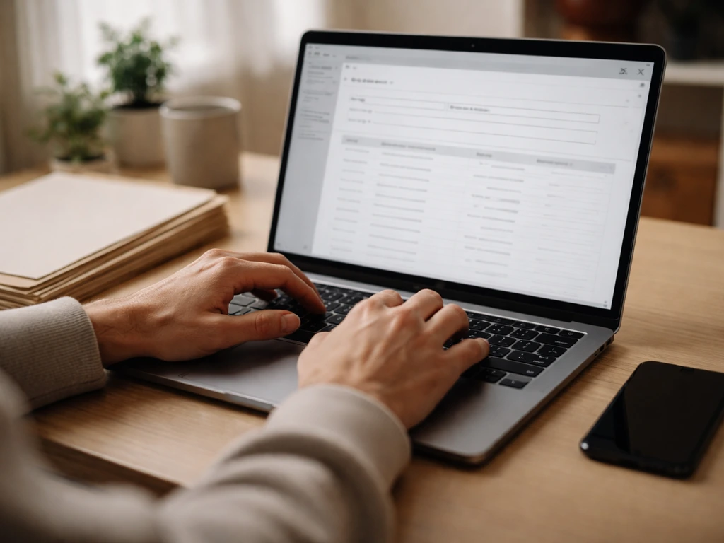 Close-up of a laptop showing a generic search interface while documents lie on a desk
