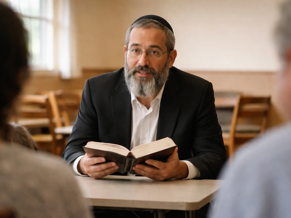 Non-identifiable rabbi in a simple community room with an open prayer book, suggesting outreach in Florida.
