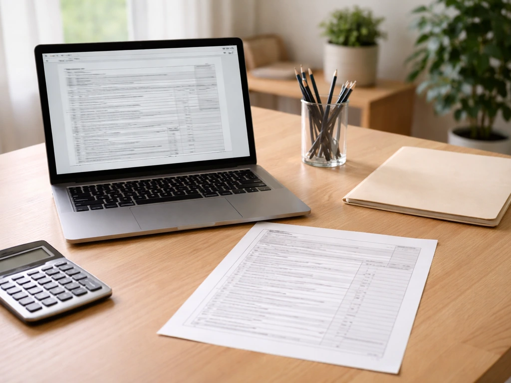 Minimal office desk with laptop displaying a blurred nonprofit Form 990 style filing interface.