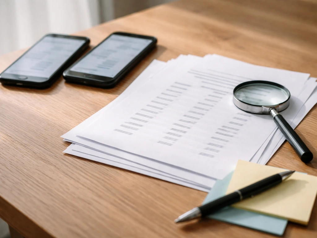 Desk with stacked printouts and blurry finance pages, plus pen and magnifying glass to sanity-check conflicting estimate