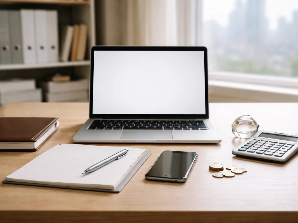 Minimal consulting office desk with laptop, calculator, coins, and phone suggesting net-worth research