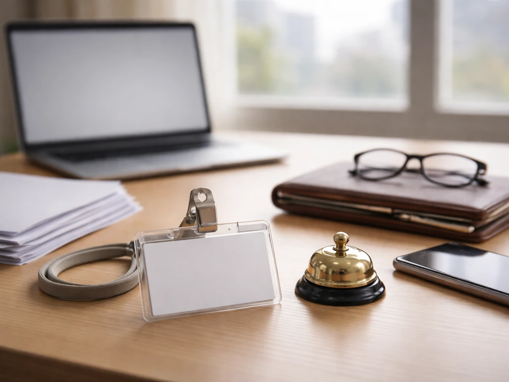 Minimal office desk scene with documents, empty ID badge holder, and financial media cues for identity verification.