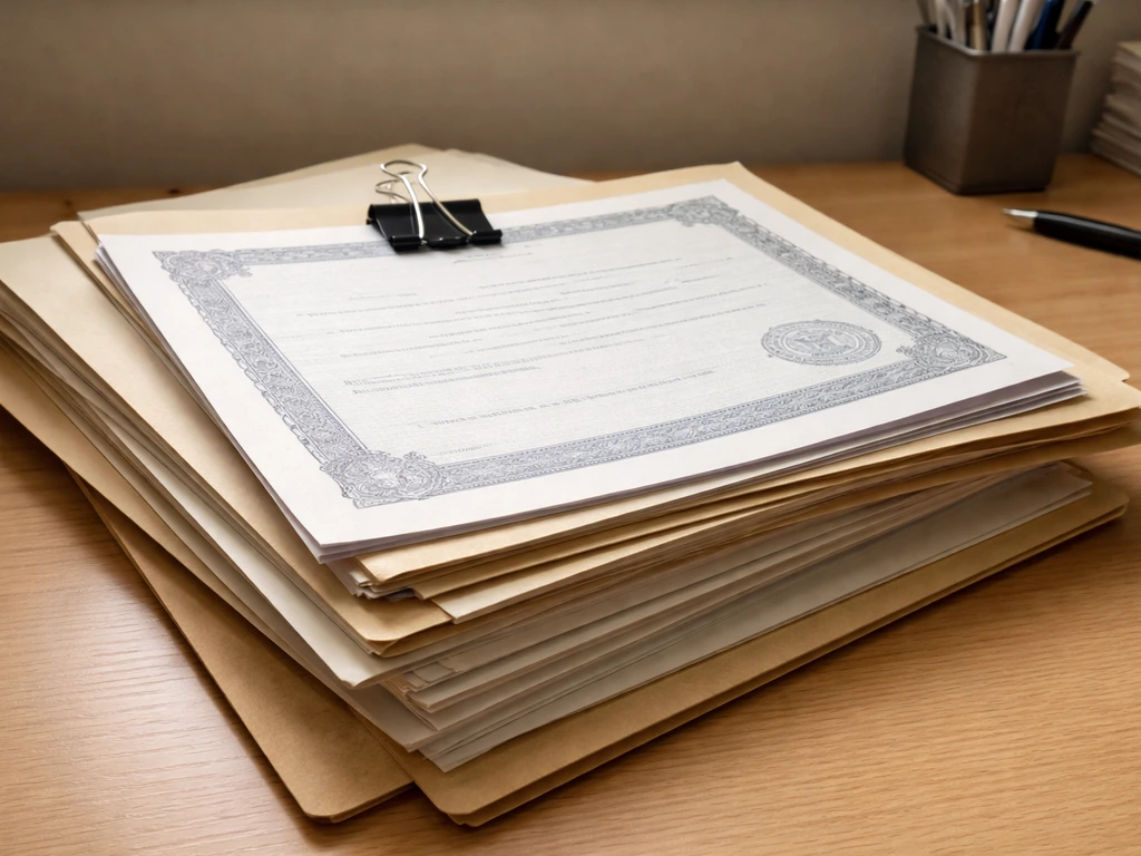 Close-up of unbranded corporate filing paperwork and certificates on a wooden desk, with paper stamps and clip.