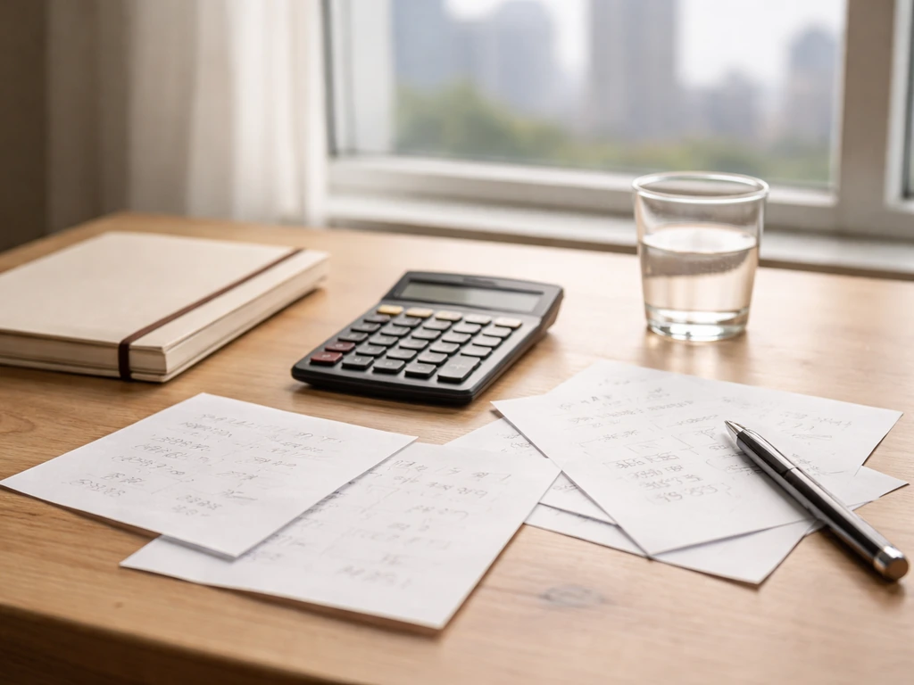 Calculator, notebook, and blank papers on a desk by a window symbolizing net worth estimation steps.