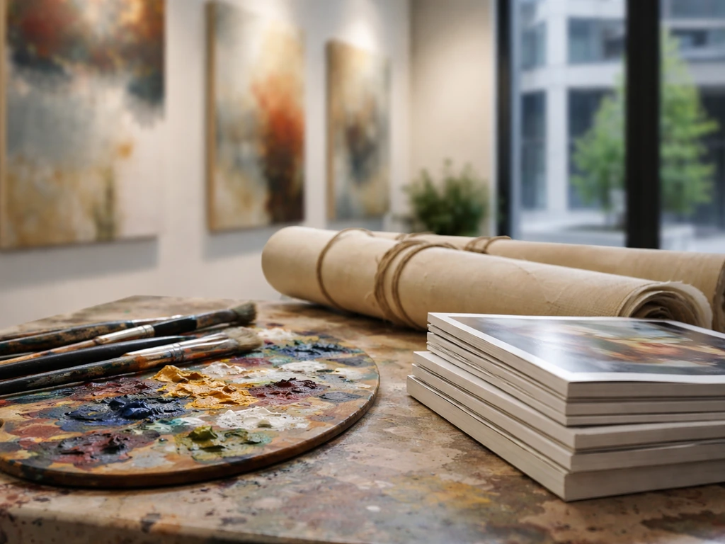 Art studio desk with abstract gallery light and auction-catalog booklets, symbolizing art market wealth estimates.