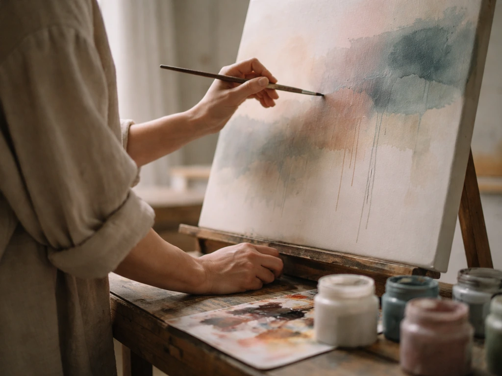 Anonymous painter’s hands working on an in-progress canvas in a quiet studio