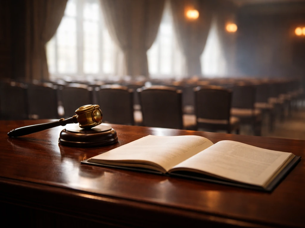 Auction house table with a brass hammer and open catalog, soft-focus empty seating behind