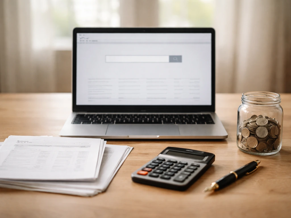 Minimal desk scene with laptop, calculator, pen, and coin jar symbolizing a step-by-step estimate workflow.