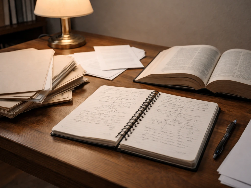 Attorney-style desk with archival folders, handwritten genealogy notes, and an open reference book for identity research