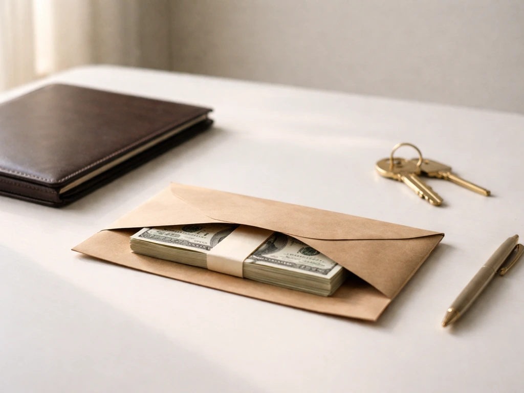 Minimal desk scene with an envelope and neatly arranged cash, symbolizing a net worth range estimate.