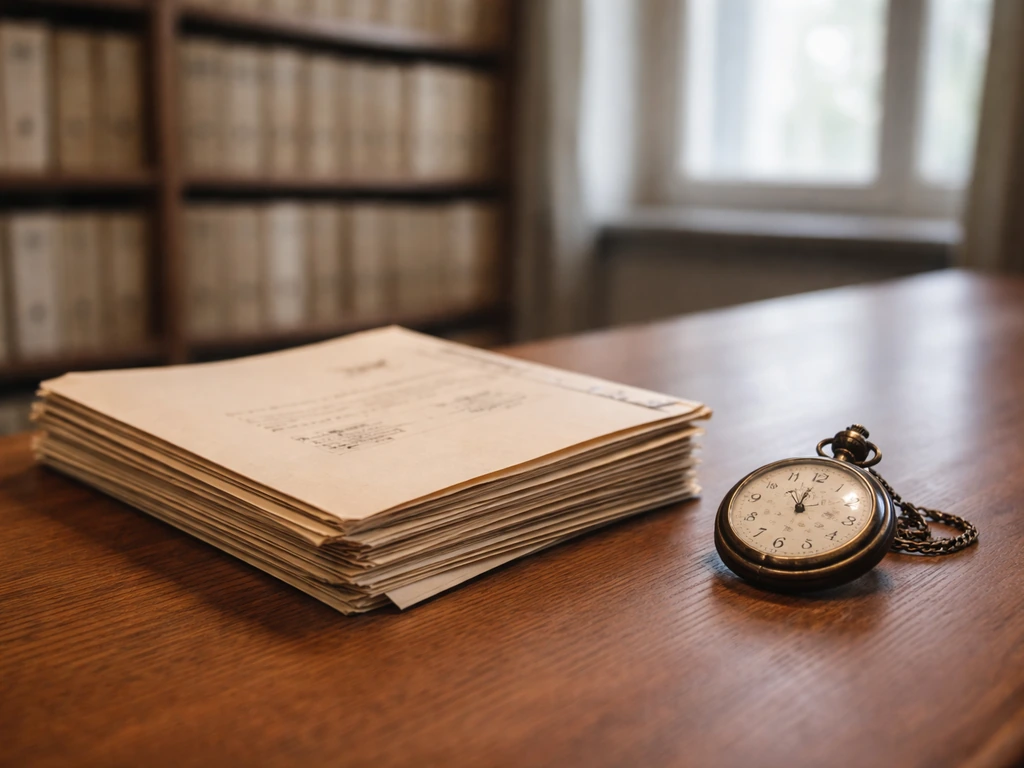 Minimal desk scene with generic folders and a pocket watch symbolizing time-sensitive restitution cases