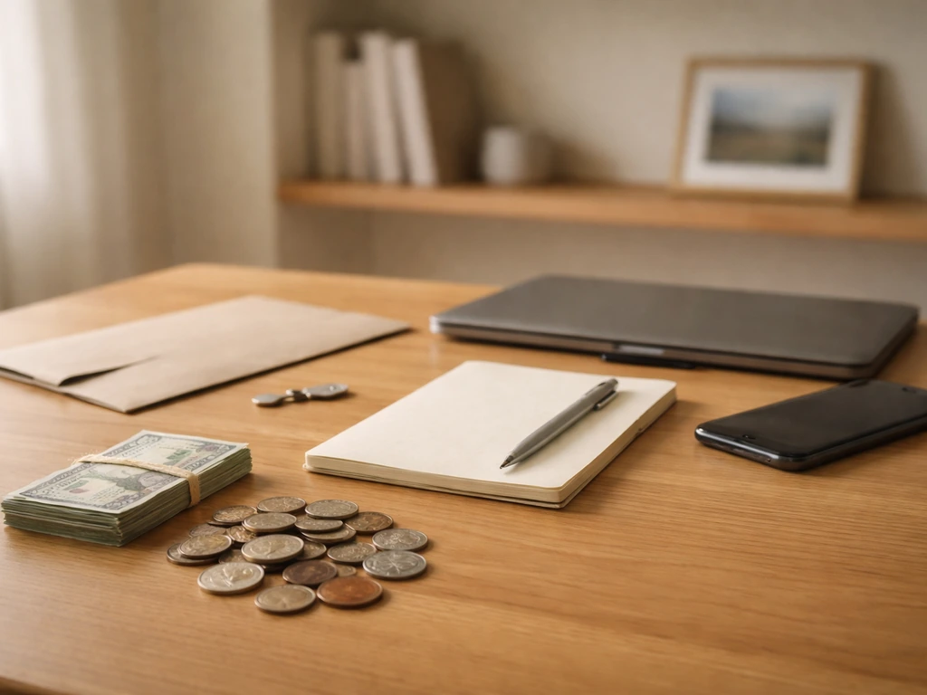Minimal photo of a desk with scattered coins and a phone beside a notepad, symbolizing assets minus liabilities.
