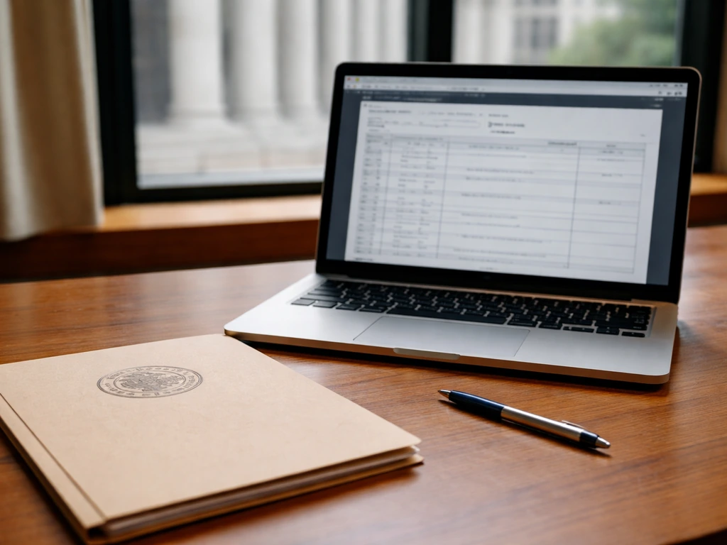 Close-up of a laptop open to a federal court filing-style interface, with a legal file folder nearby.
