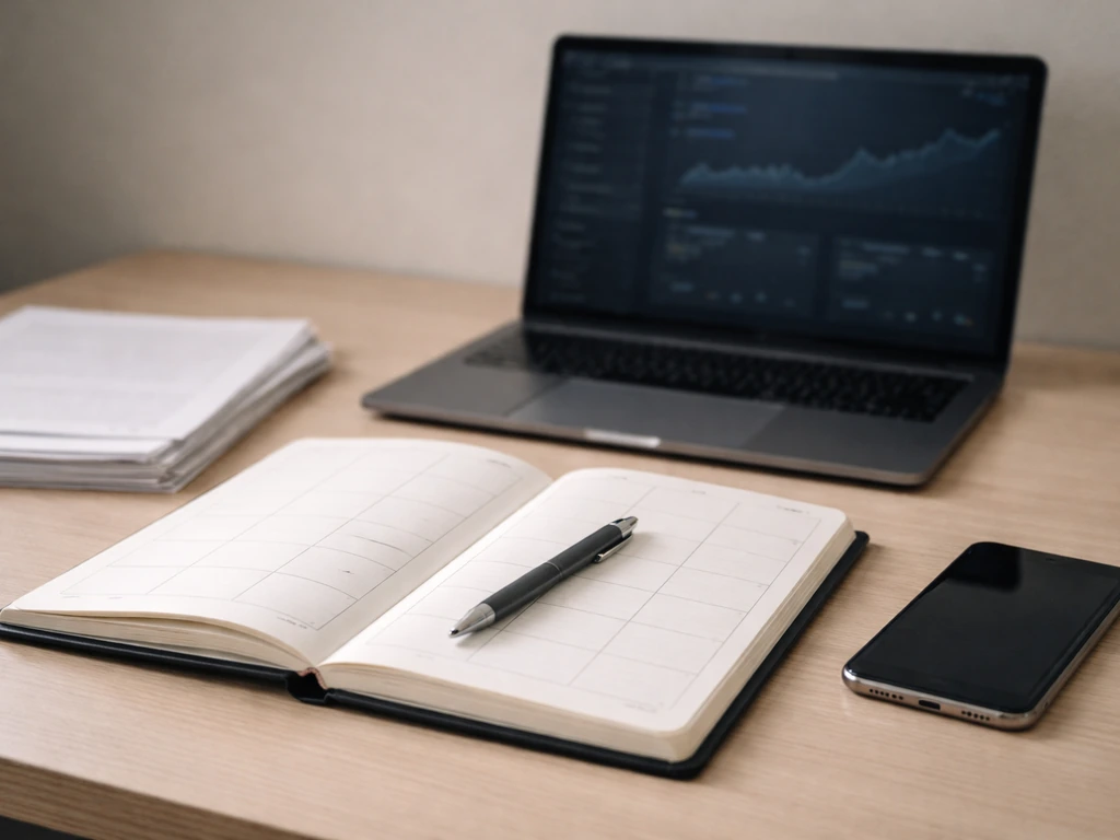 Close-up of a smartphone with calendar pages and a pen beside a laptop showing abstract finance charts