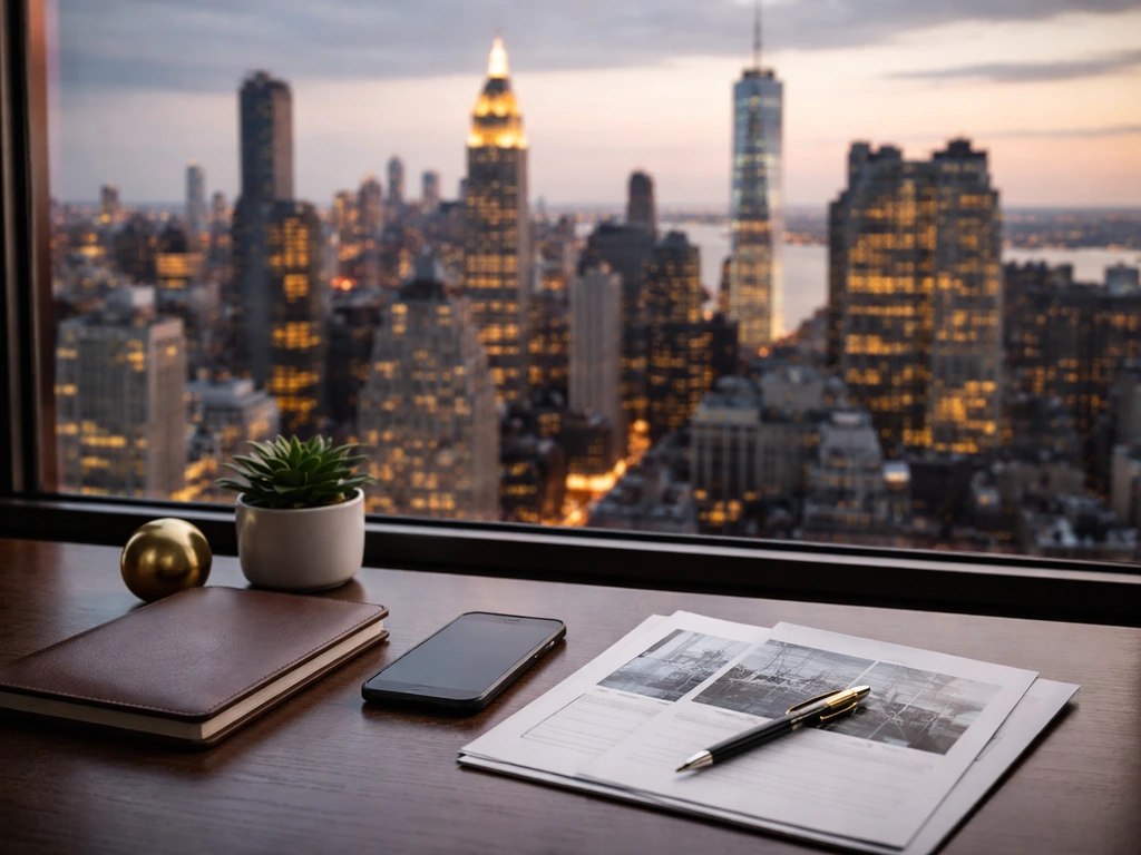 NYC office desk with skyline view and blank property materials, symbolizing real-estate net-worth analysis