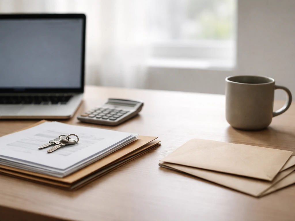 Sunlit office desk with a laptop, calculator, and neatly arranged property documents symbolizing assets vs liabilities.