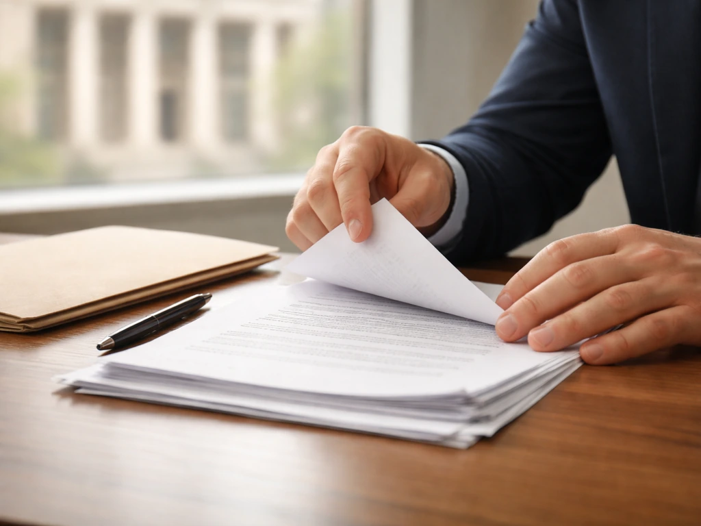 Minimal photo of a lawyer’s hands reviewing trust documents on a desk with softly blurred office background.